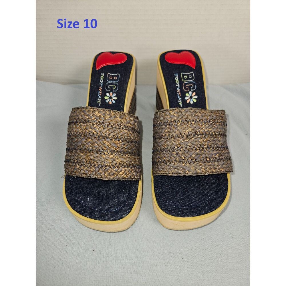 BC Footwear Platform Blue Tone Raffia Wedge Mules Y2K Retro Sandals Size 10